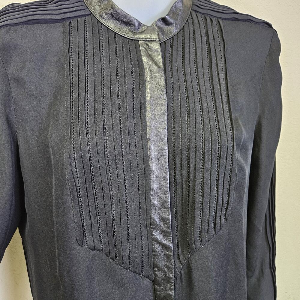 Haute Hippie 100% Silk Blouse S Leather Trim Tuxedo Pintuck Black Sheer Luxury - Picture 7 of 16